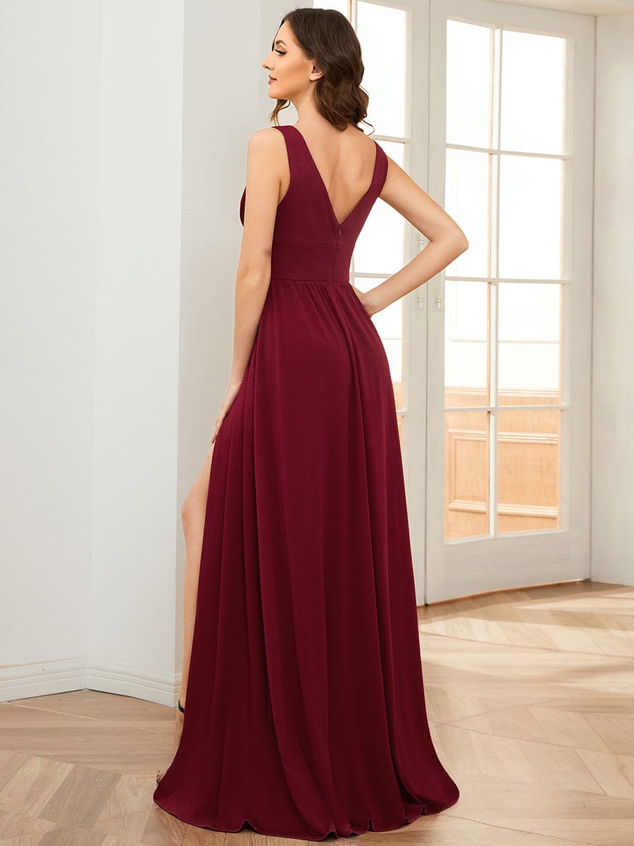 Sleeveless V-Neck Empire Waist High Slit Floor-Length Evening Dress #color_Burgundy