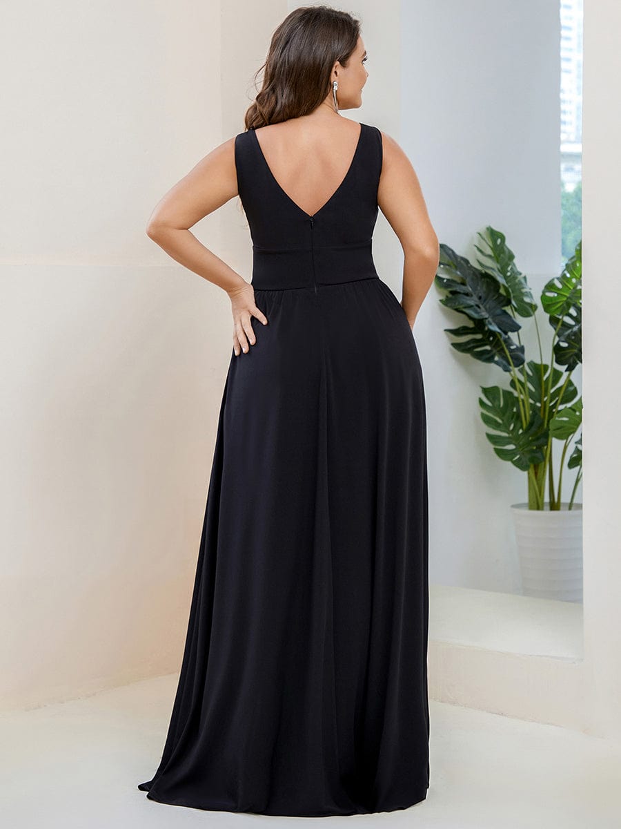 Plus Size Sleeveless V-Neck Empire Waist High Slit Floor-Length Evening Dress #color_Black