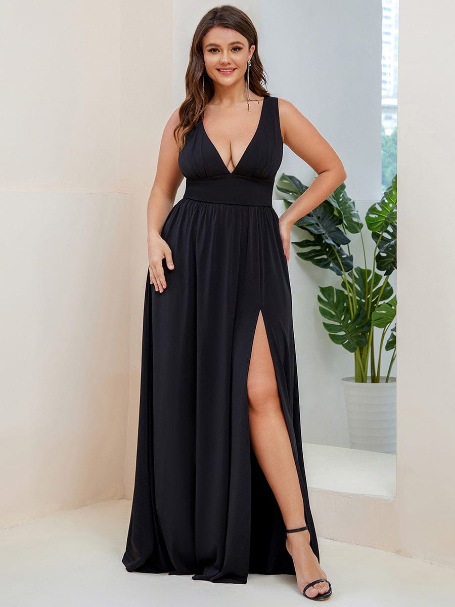 Custom Size Deep V-Neck Empire Waist Sleeveless Simple Evening Dress #color_Black