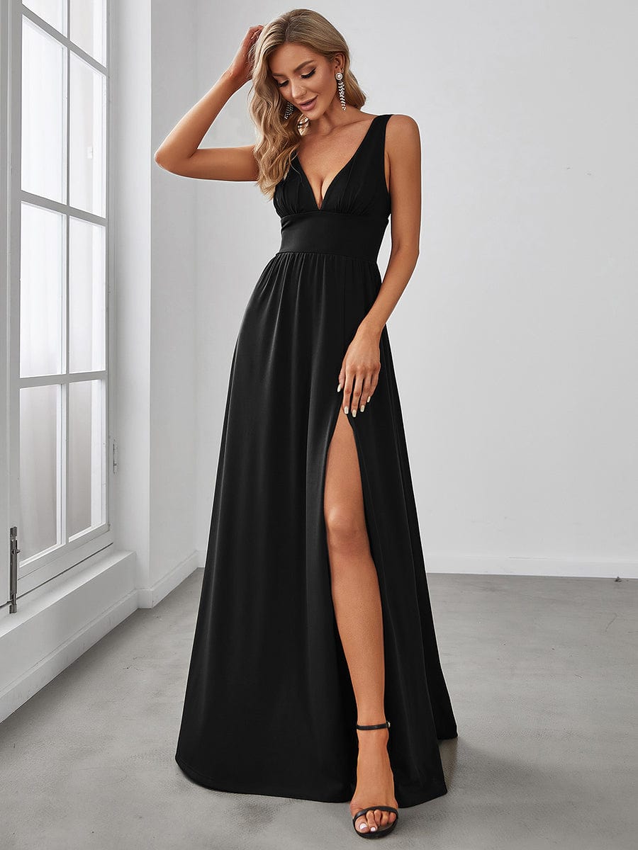 Sleeveless V-Neck Empire Waist High Slit Floor-Length Evening Dress #color_Black