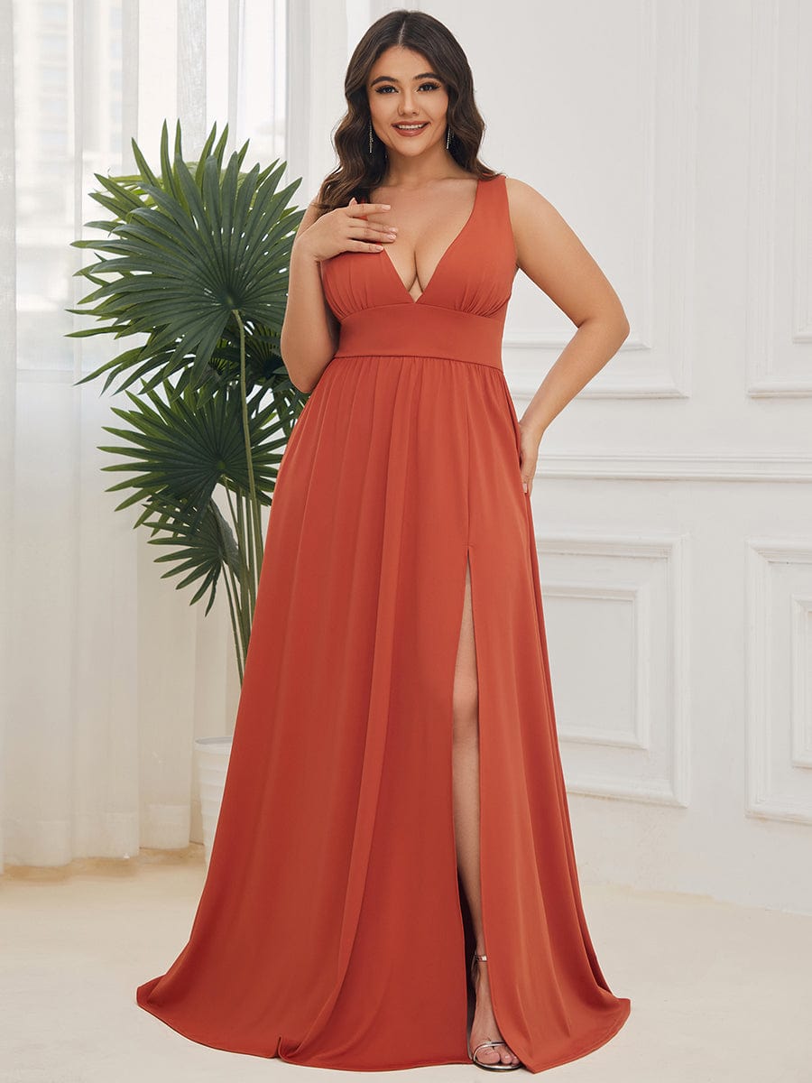 Plus Size Sleeveless V-Neck Empire Waist High Slit Floor-Length Evening Dress #color_Burnt Orange
