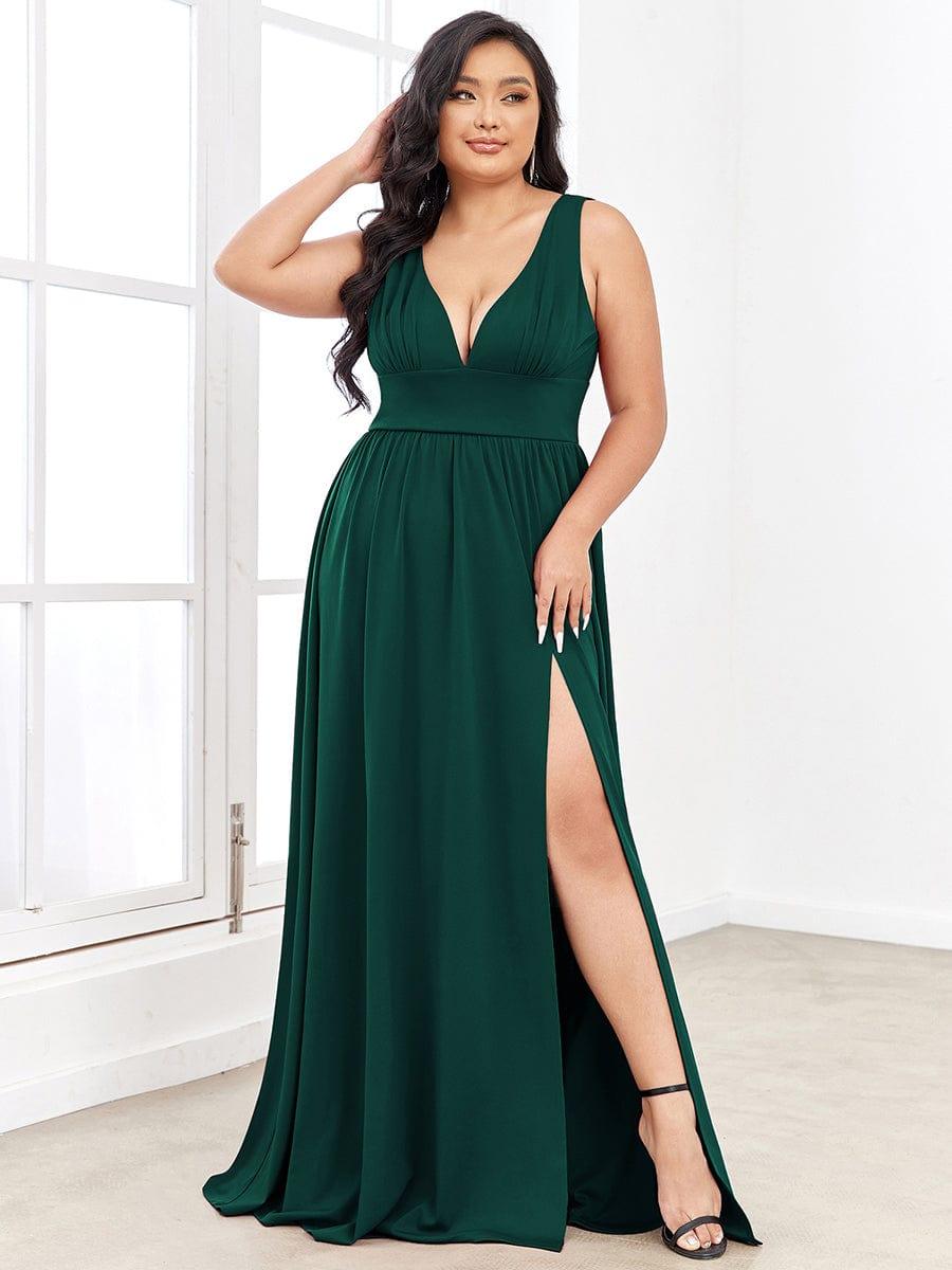 Sleeveless V-Neck Empire Waist High Slit Floor-Length Evening Dress #color_Dark Green