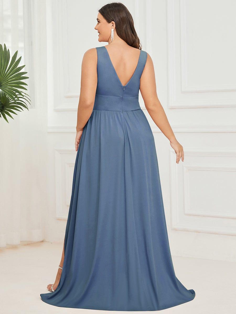 Custom Size Deep V-Neck Empire Waist Sleeveless Simple Evening Dress #color_Dusty Blue