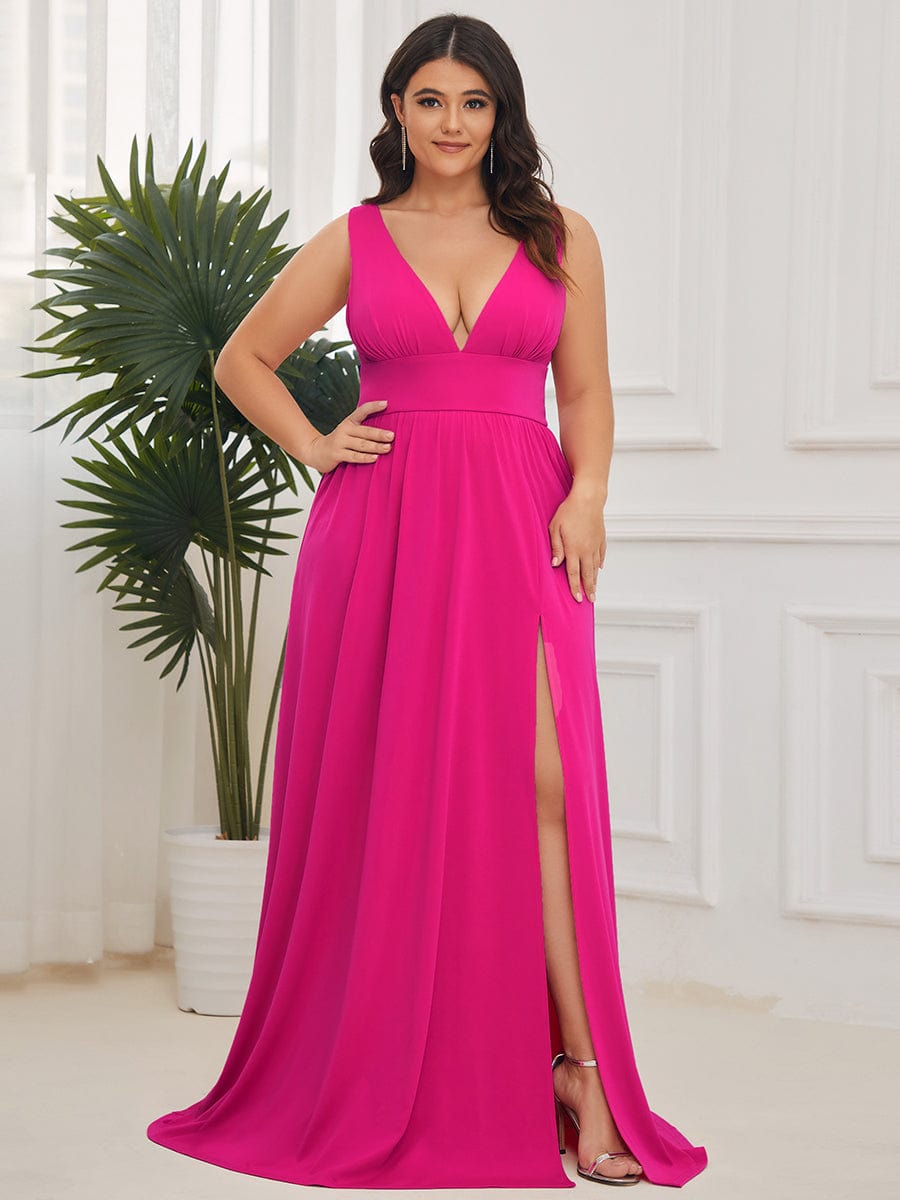 Custom Size Deep V-Neck Empire Waist Sleeveless Simple Evening Dress #color_Hot Pink