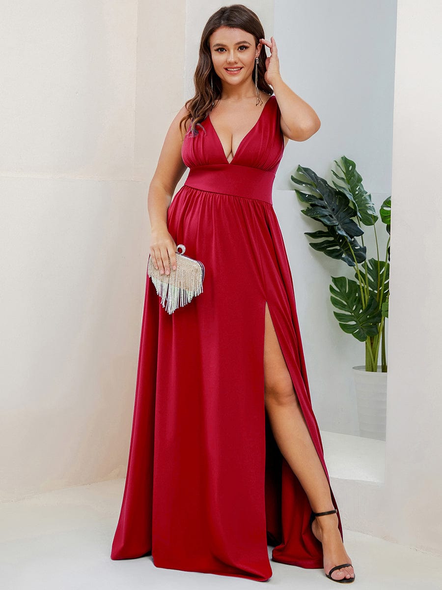 Plus Size Sleeveless V-Neck Empire Waist High Slit Floor-Length Evening Dress #color_Red