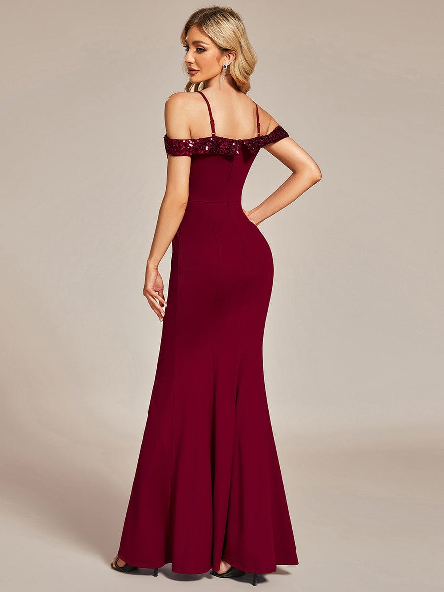Elegant Sequin Bodycon Evening Dress with Spaghetti Straps #color_Burgundy
