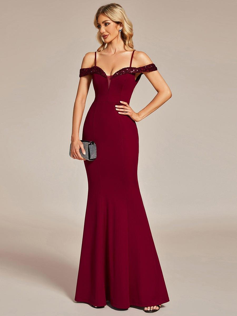 Elegant Sequin Bodycon Evening Dress with Spaghetti Straps #color_Burgundy