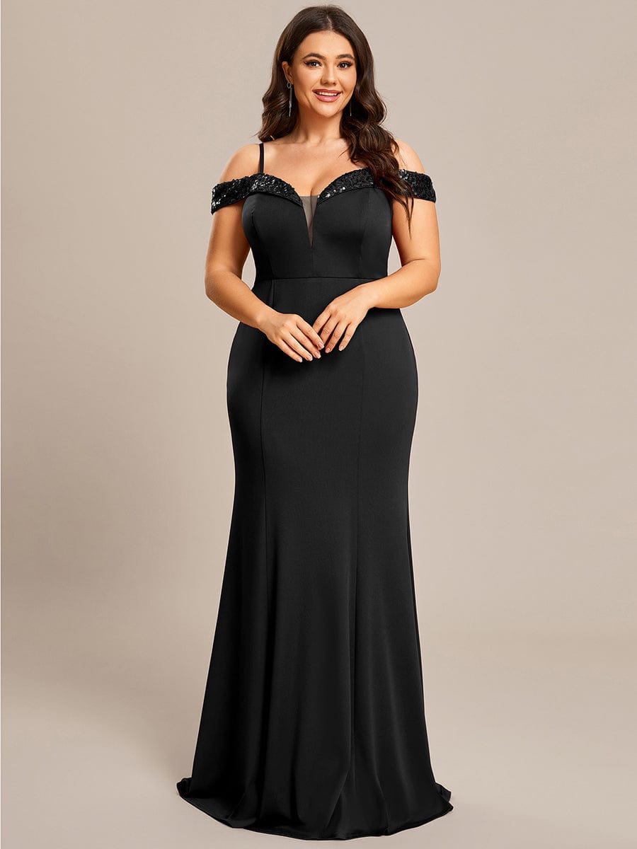 Stylish Plus Size Bodycon Deep V-Neck Sequin Evening Dress #color_Black