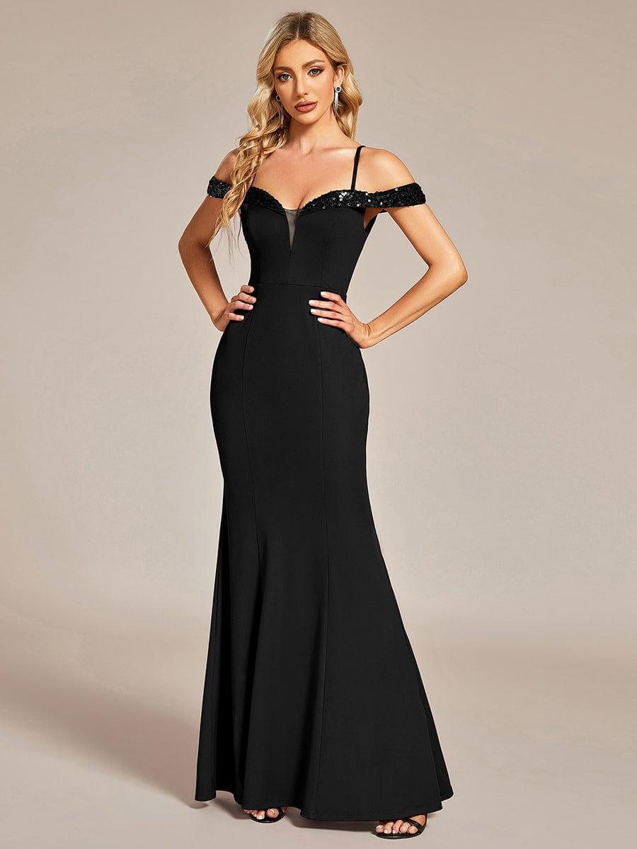 Elegant Sequin Bodycon Evening Dress with Spaghetti Straps #color_Black