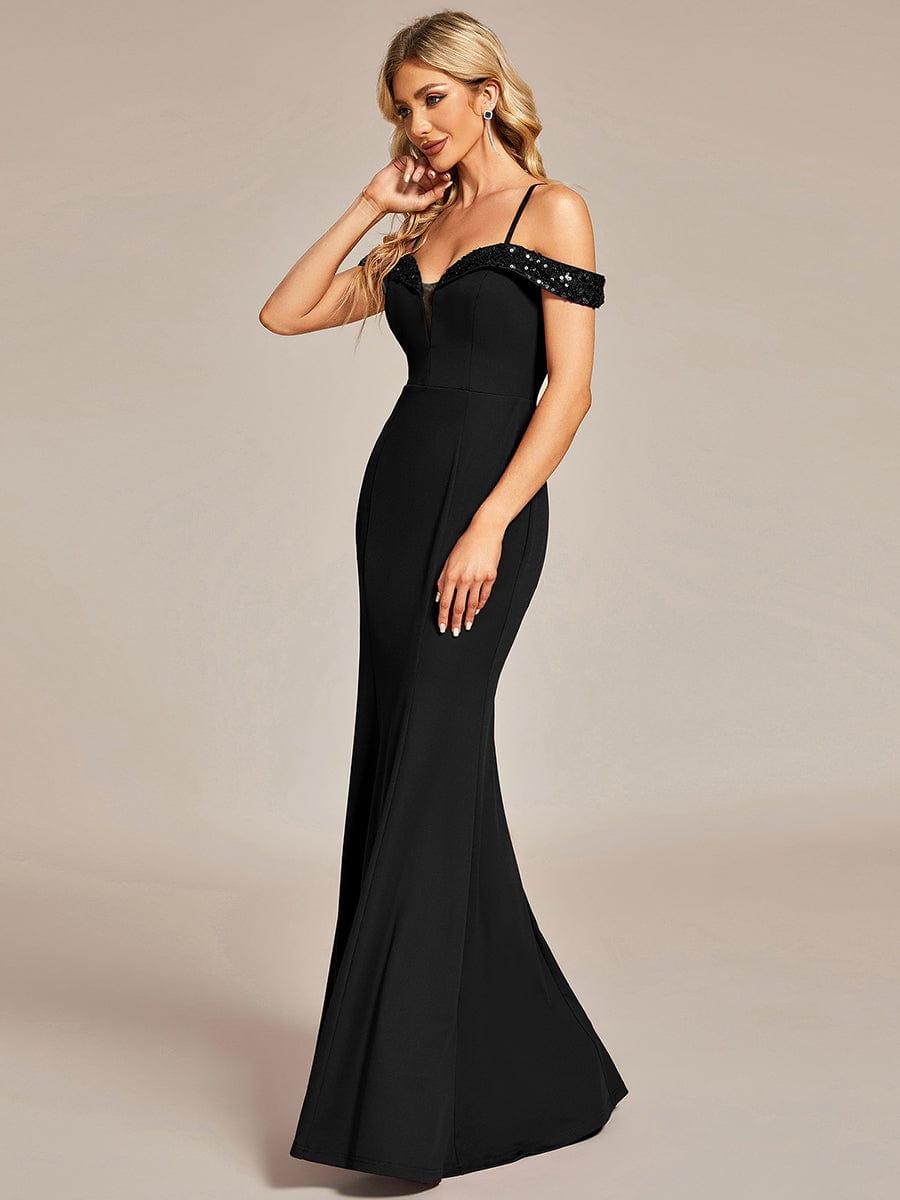 Elegant Sequin Bodycon Evening Dress with Spaghetti Straps #color_Black