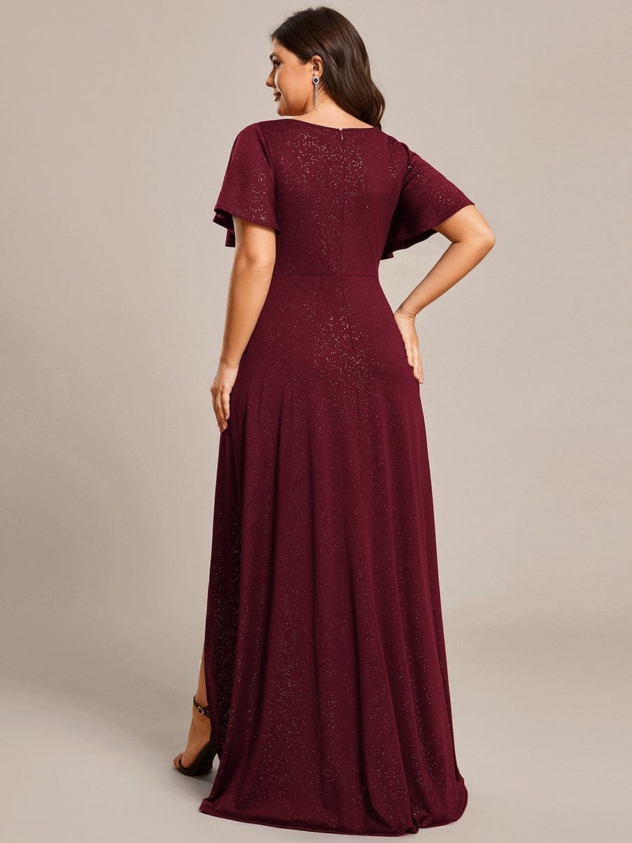 Custom Size High-Low Ruffled V-Neck Front Slit Glitter Evening Dress #color_Burgundy
