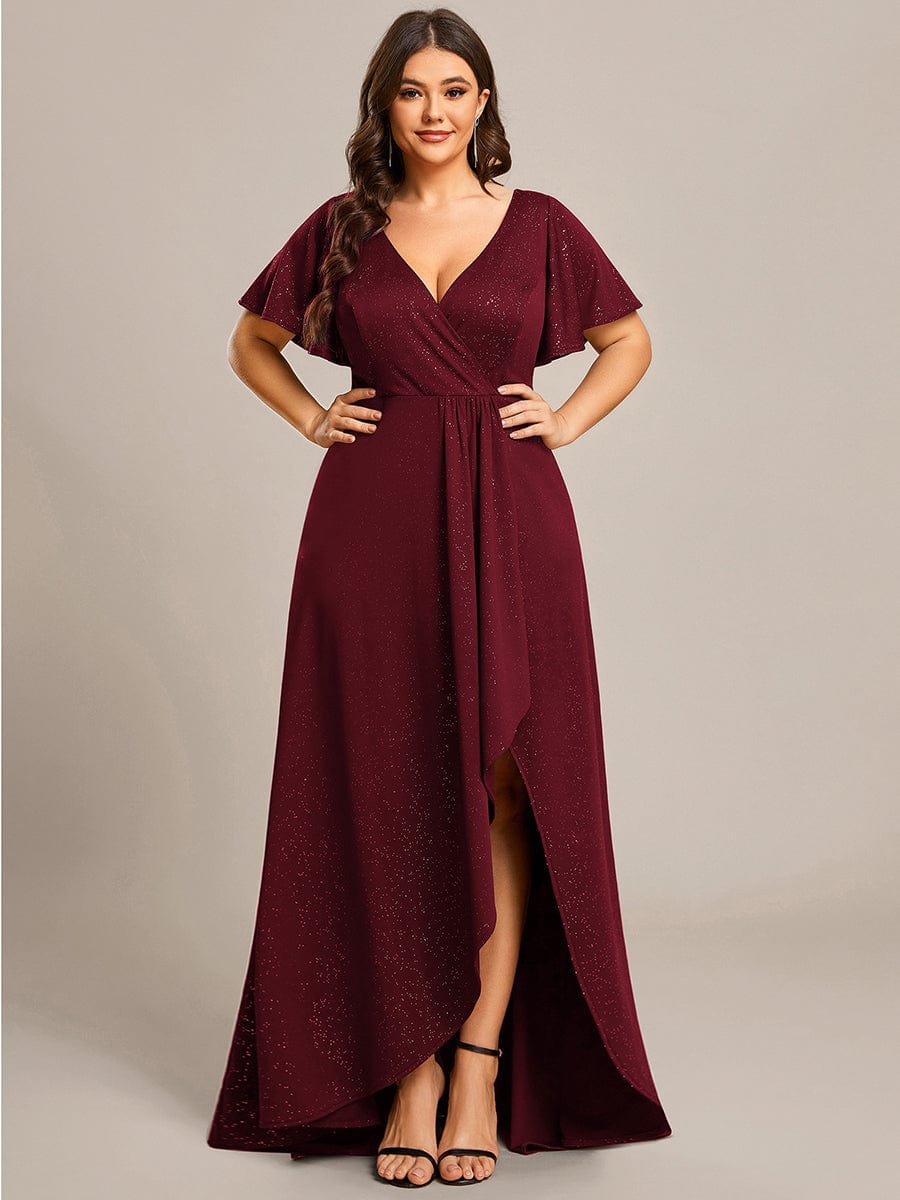 Plus Size Ruffled High-Low Front Slit Evening Dress with Glitter #color_Burgundy