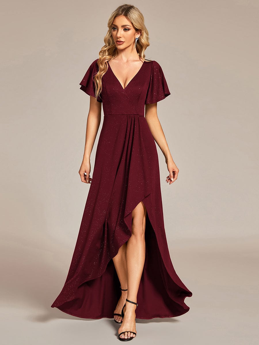 Glitter High-Low Front Side Slit Ruffled V-Neck Evening Dress #color_Burgundy