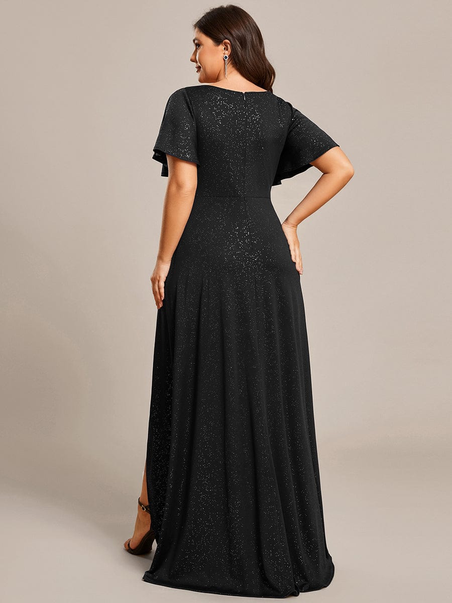 Custom Size High-Low Ruffled V-Neck Front Slit Glitter Evening Dress #color_Black