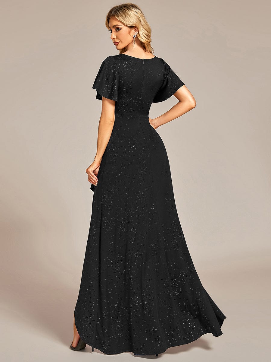 Glitter High-Low Front Side Slit Ruffled V-Neck Evening Dress #color_Black