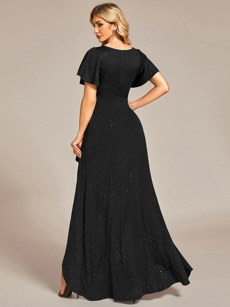 Glitter A-Line V-Neck Pleated Golden Ball Dress with Slit