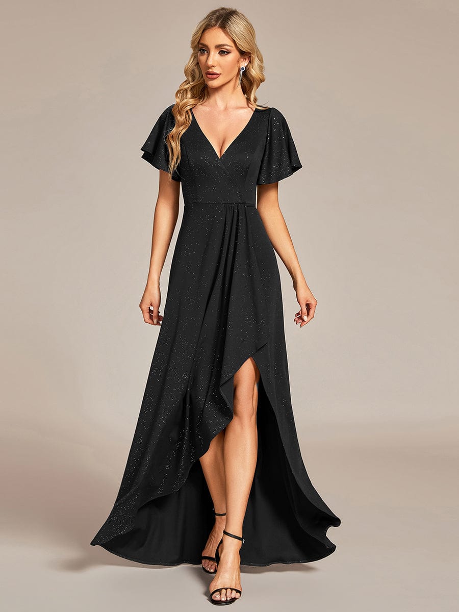 Glitter High-Low Front Side Slit Ruffled V-Neck Evening Dress #color_Black