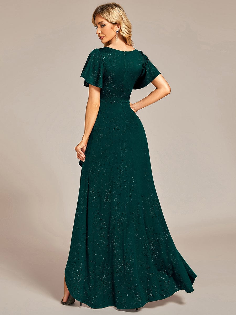 Glitter High-Low Front Side Slit Ruffled V-Neck Evening Dress #color_Dark Green