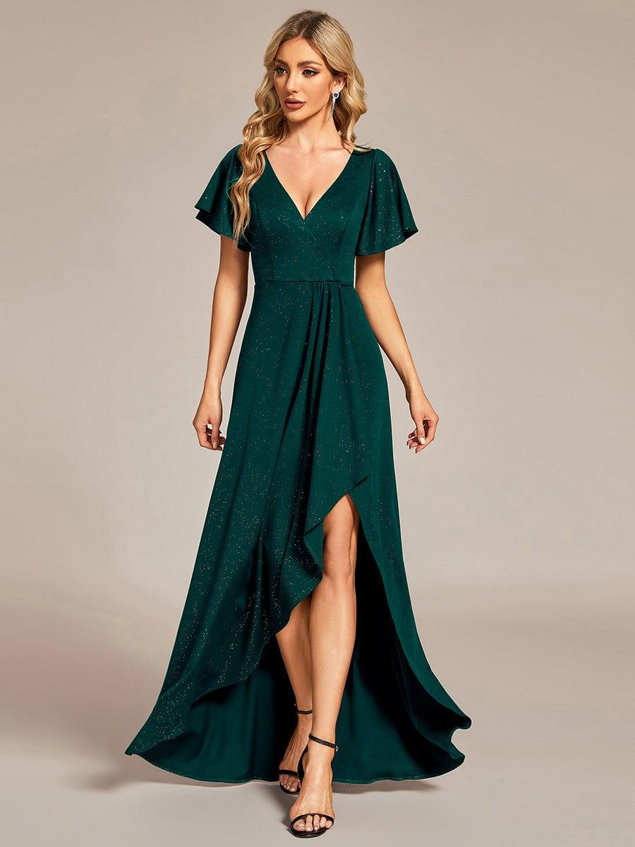 Glitter High-Low Front Side Slit Ruffled V-Neck Evening Dress #color_Dark Green