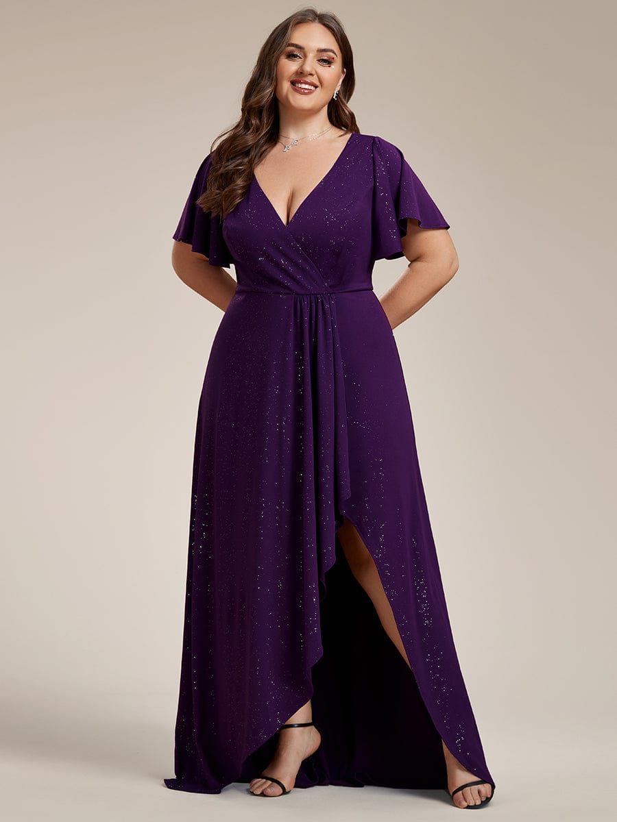 Custom Size High-Low Ruffled V-Neck Front Slit Glitter Evening Dress #color_Dark Purple