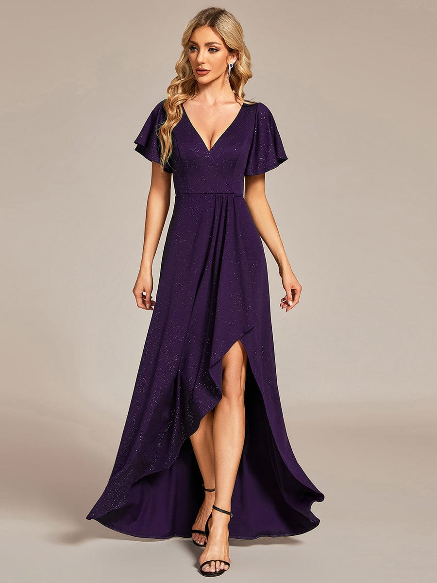 Glitter High-Low Front Side Slit Ruffled V-Neck Evening Dress #color_Dark Purple