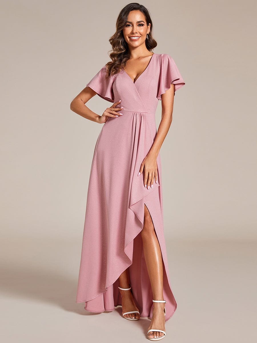 Glitter High-Low Front Side Slit Ruffled V-Neck Evening Dress #color_Dusty Rose