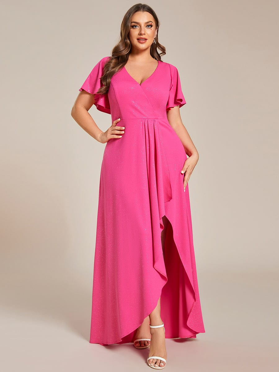 Plus Size Ruffled High-Low Front Slit Evening Dress with Glitter #color_Hot Pink