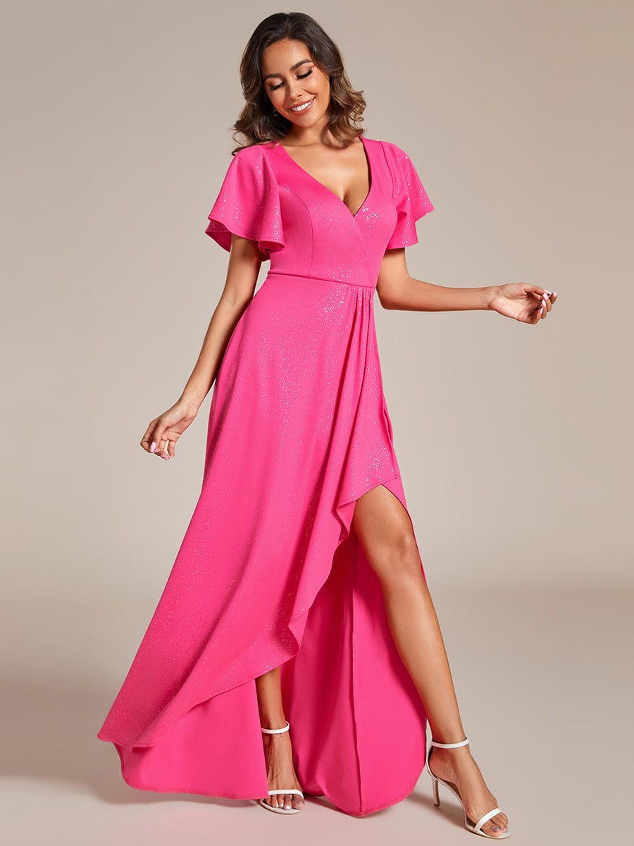 Glitter High-Low Front Side Slit Ruffled V-Neck Evening Dress #color_Hot Pink