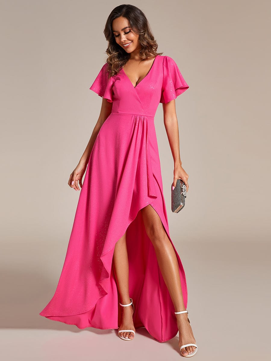 Glitter High-Low Front Side Slit Ruffled V-Neck Evening Dress