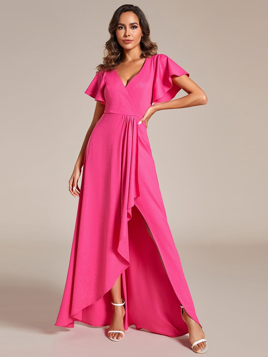 Glitter High-Low Front Side Slit Ruffled V-Neck Evening Dress