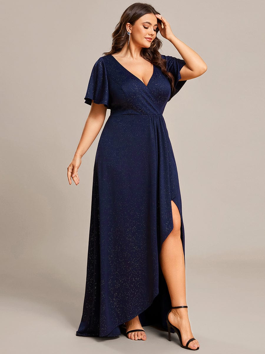 Custom Size High-Low Ruffled V-Neck Front Slit Glitter Evening Dress #color_Navy Blue
