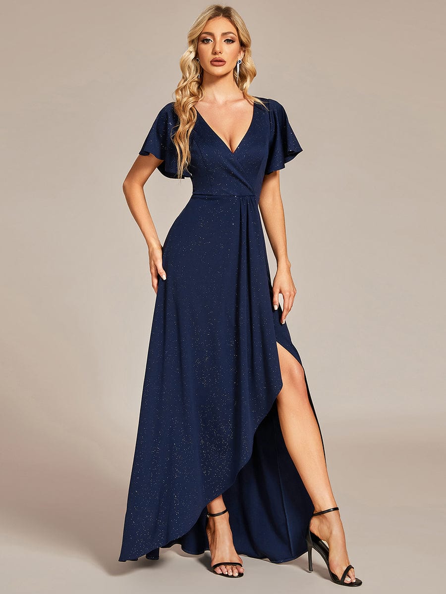 Glitter High-Low Front Side Slit Ruffled V-Neck Evening Dress #color_Navy Blue
