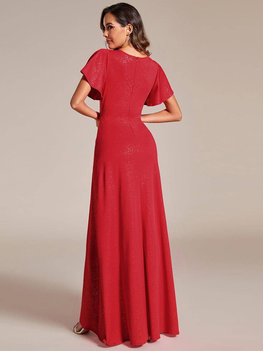 Glitter High-Low Front Side Slit Ruffled V-Neck Evening Dress #color_Red