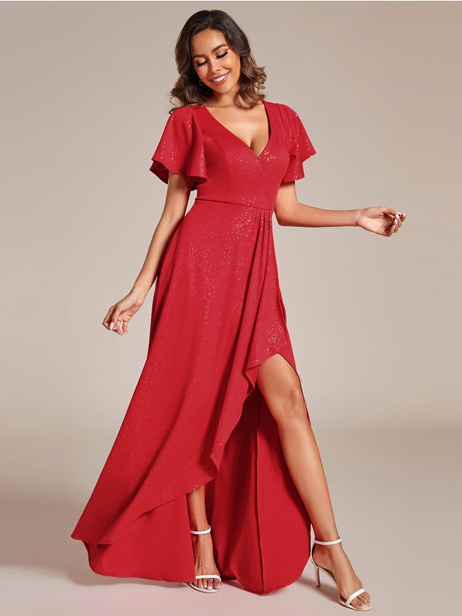 Glitter High-Low Front Side Slit Ruffled V-Neck Evening Dress #color_Red