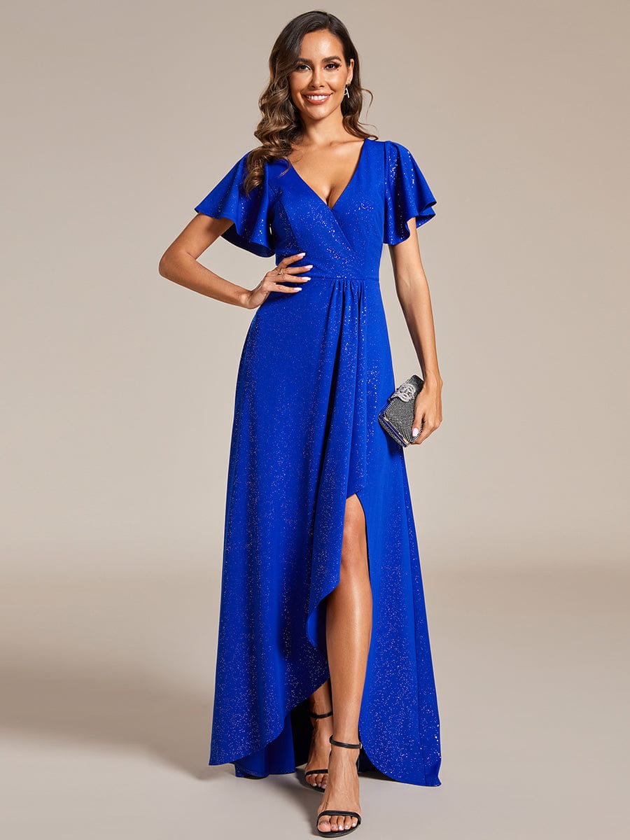 Glitter High-Low Front Side Slit Ruffled V-Neck Evening Dress #color_Sapphire Blue