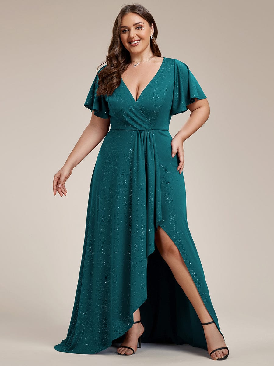 Custom Size High-Low Ruffled V-Neck Front Slit Glitter Evening Dress #color_Teal