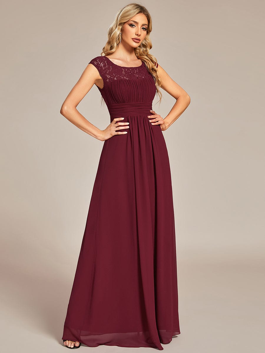 Elegant Chiffon Maxi Evening Dress with Lace Cap Sleeve  #Color_Burgundy
