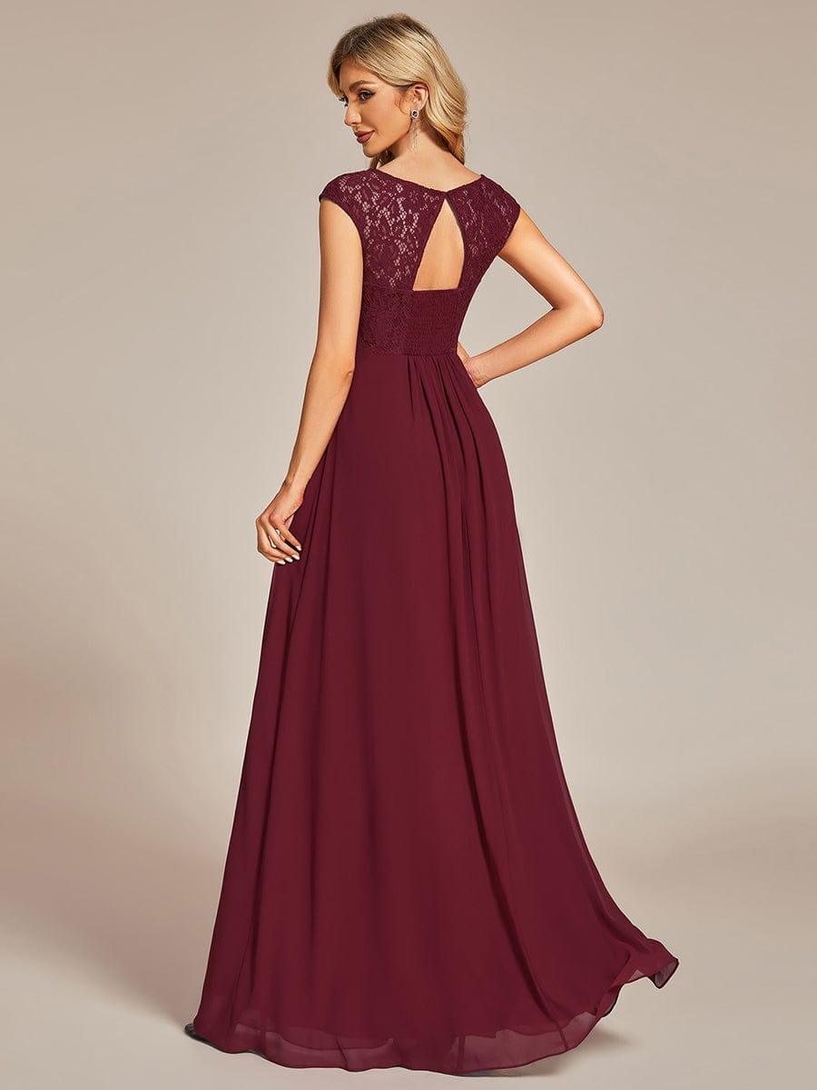 Elegant Chiffon Maxi Evening Dress with Lace Cap Sleeve  #Color_Burgundy