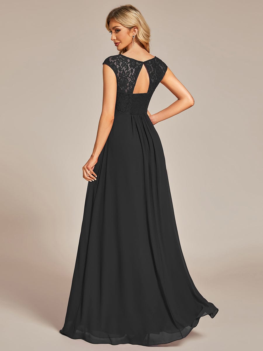 Elegant Chiffon Maxi Evening Dress with Lace Cap Sleeve #Color_Black