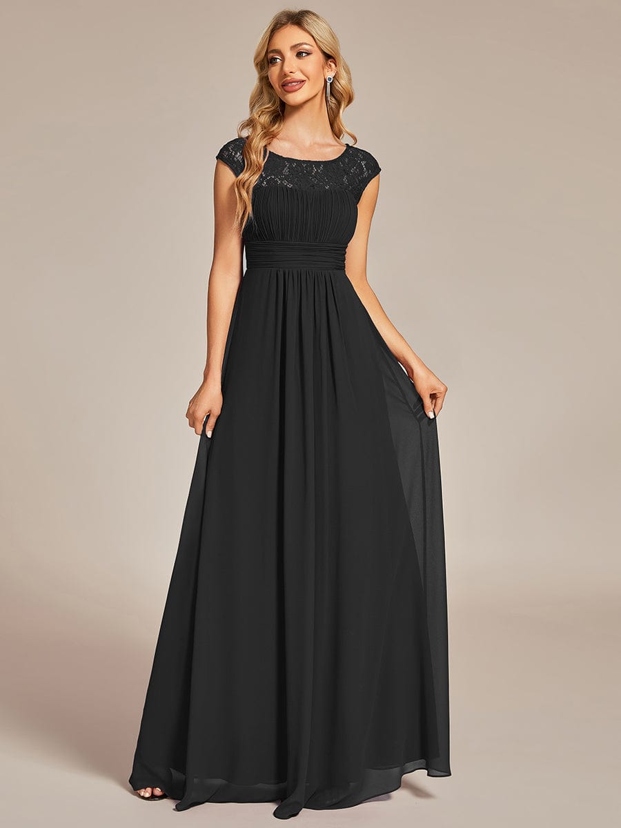 Elegant Chiffon Maxi Evening Dress with Lace Cap Sleeve #Color_Black