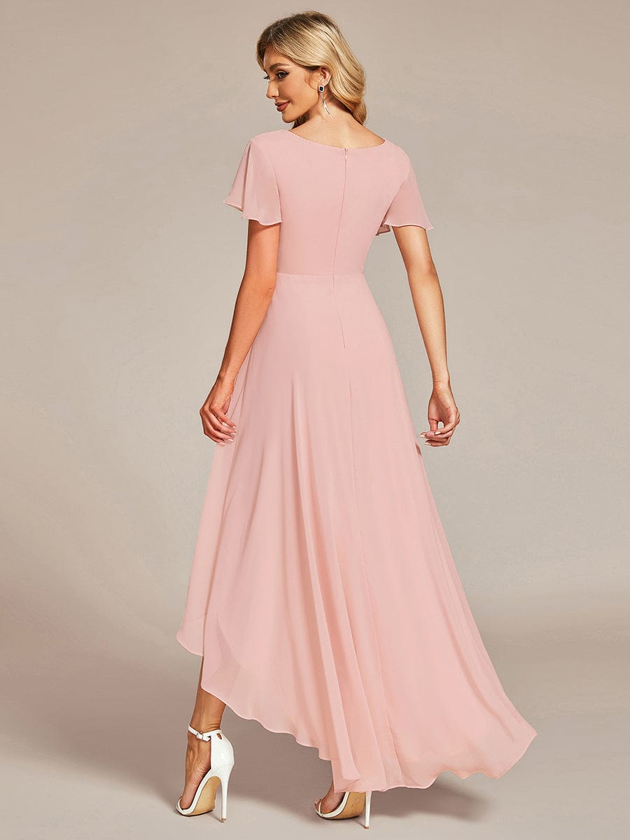 Flowy High-low Chiffon Ruffle Sleeves Bridesmaid Dress #Color_Pink