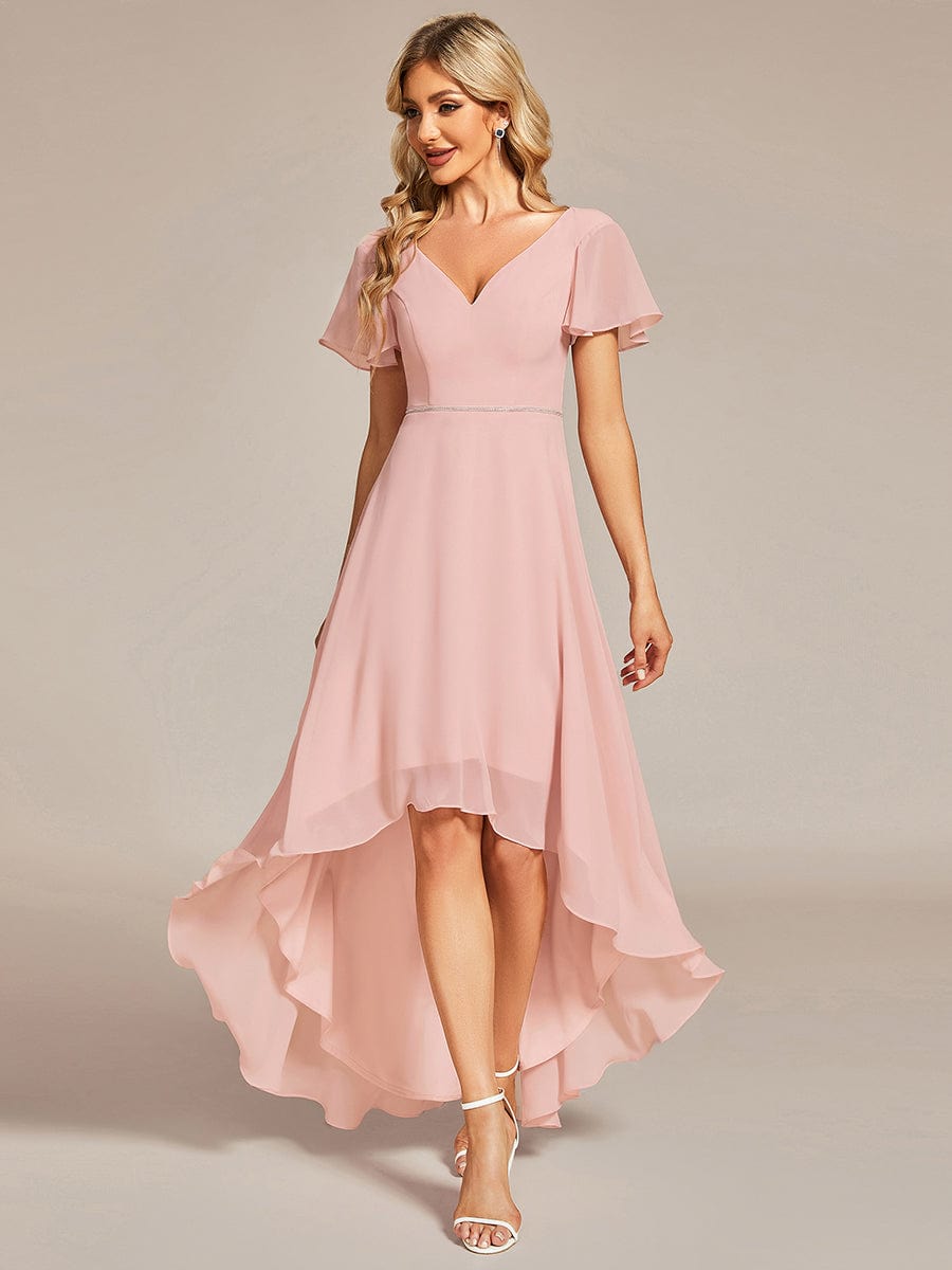 Flowy High-low Chiffon Ruffle Sleeves Bridesmaid Dress #Color_Pink