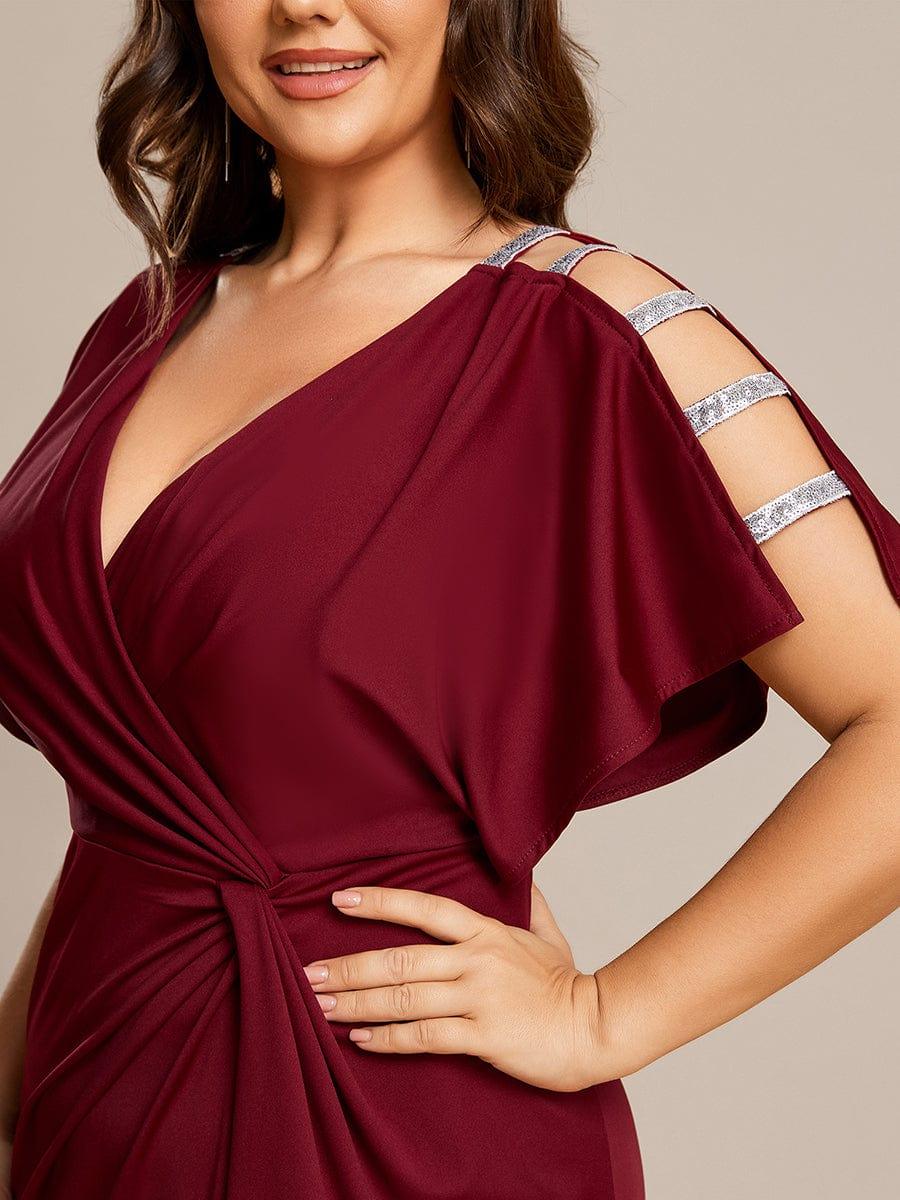 Pleated High Split Hollow Out Sequin Sleeve V-Neck Evening Dress #color_Burgundy
