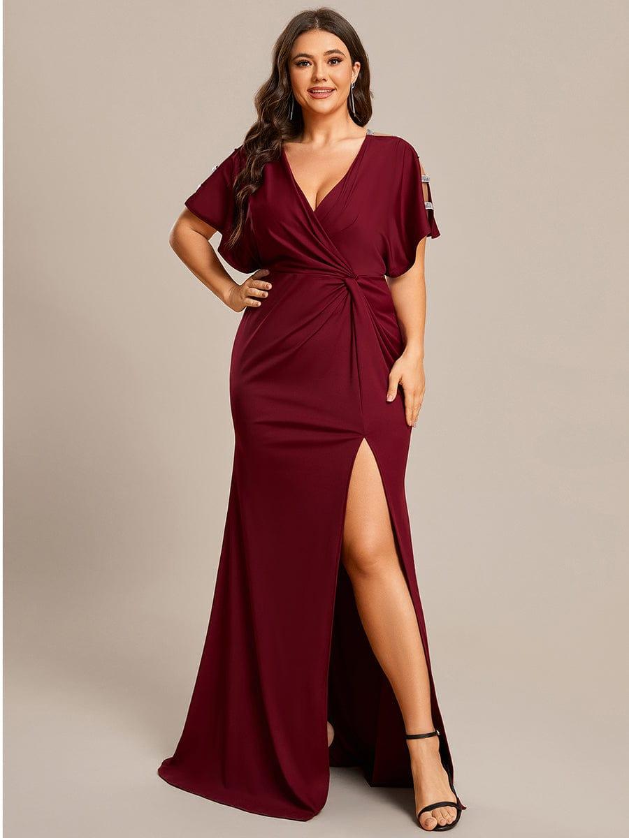 Pleated High Split Hollow Out Sequin Sleeve V-Neck Evening Dress #color_Burgundy