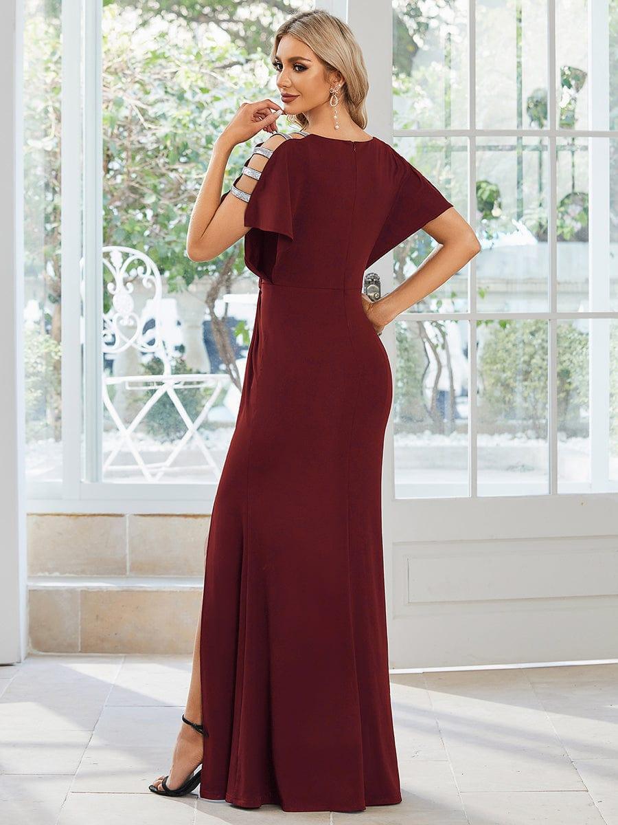 Pleated High Split Hollow Out Sequin Sleeve V-Neck Evening Dress #color_Burgundy