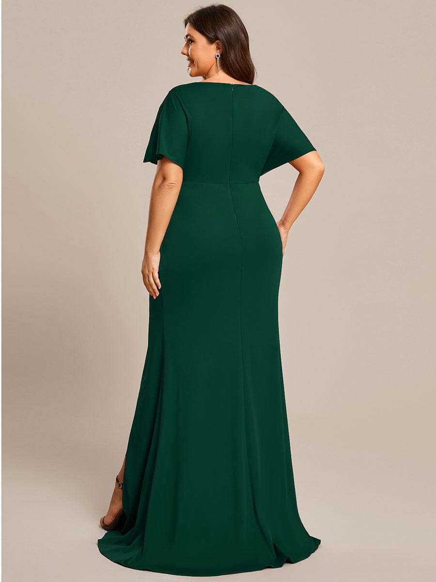 Plus Size Sequin Sleeve High Split Evening Dress with Pleated #color_Dark Green