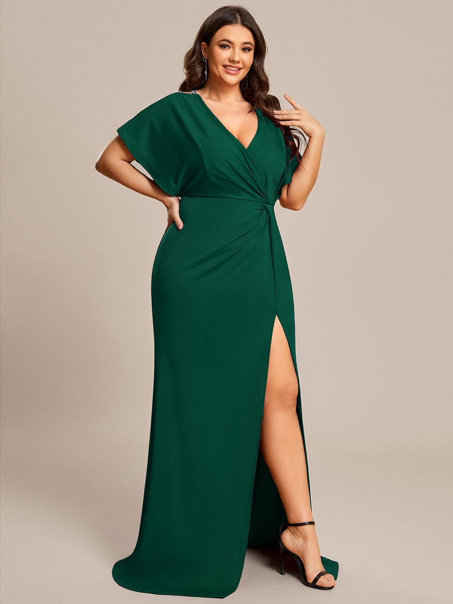 Plus Size Sequin Sleeve High Slit Evening Dress with Pleated