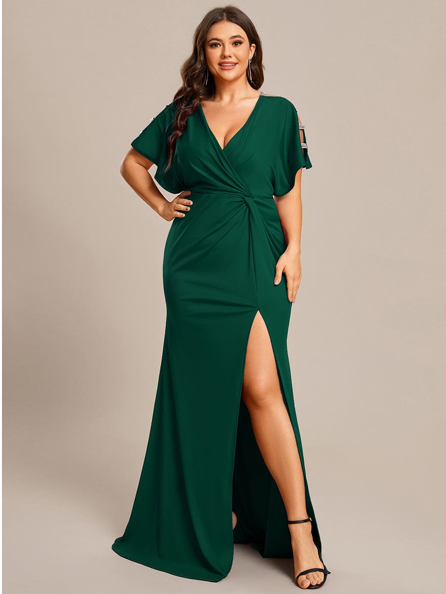 Plus Size Sequin Sleeve High Split Evening Dress with Pleated #color_Dark Green