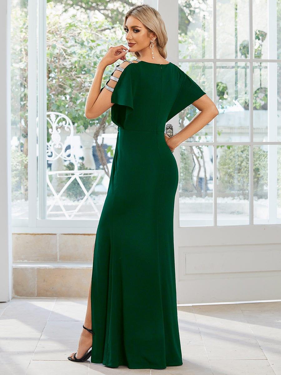 Pleated High Split Hollow Out Sequin Sleeve V-Neck Evening Dress #color_Dark Green