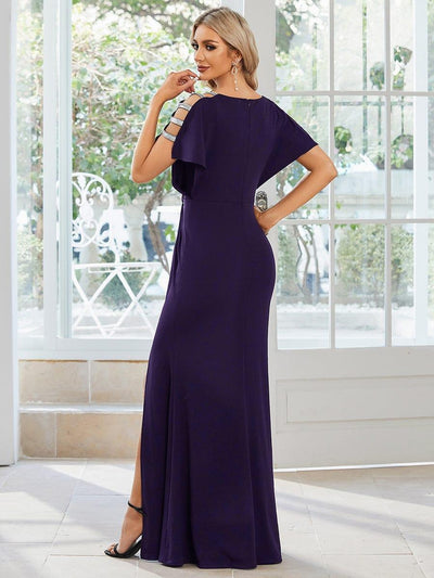 Pleated High Split Hollow Out Sequin Sleeve V-Neck Evening Dress #color_Dark Purple